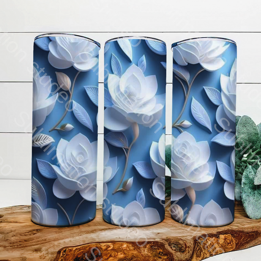 3d blue & white flower 20 oz tumbler