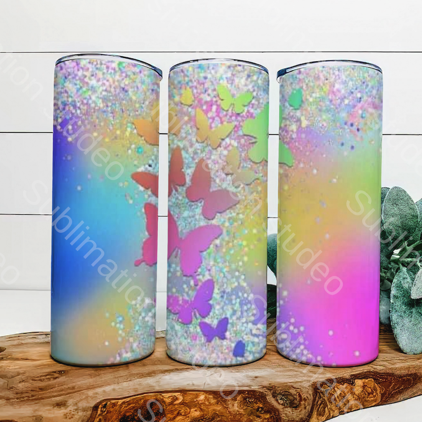 Multicolored glittered butterfly 20 oz tumbler