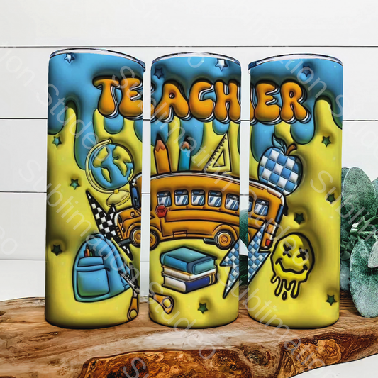 3d teacher w/ bus & retro smiley 20 oz tumbler