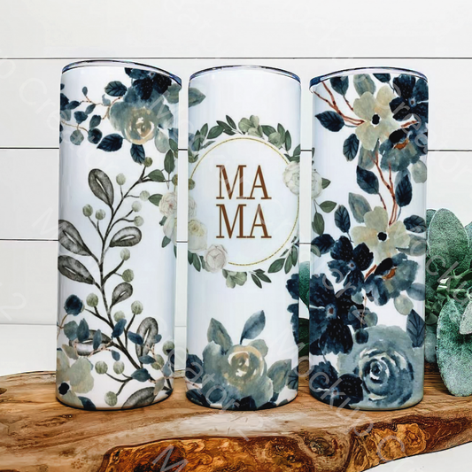 Mama w/ flower border & navy flowers 20 oz tumbler