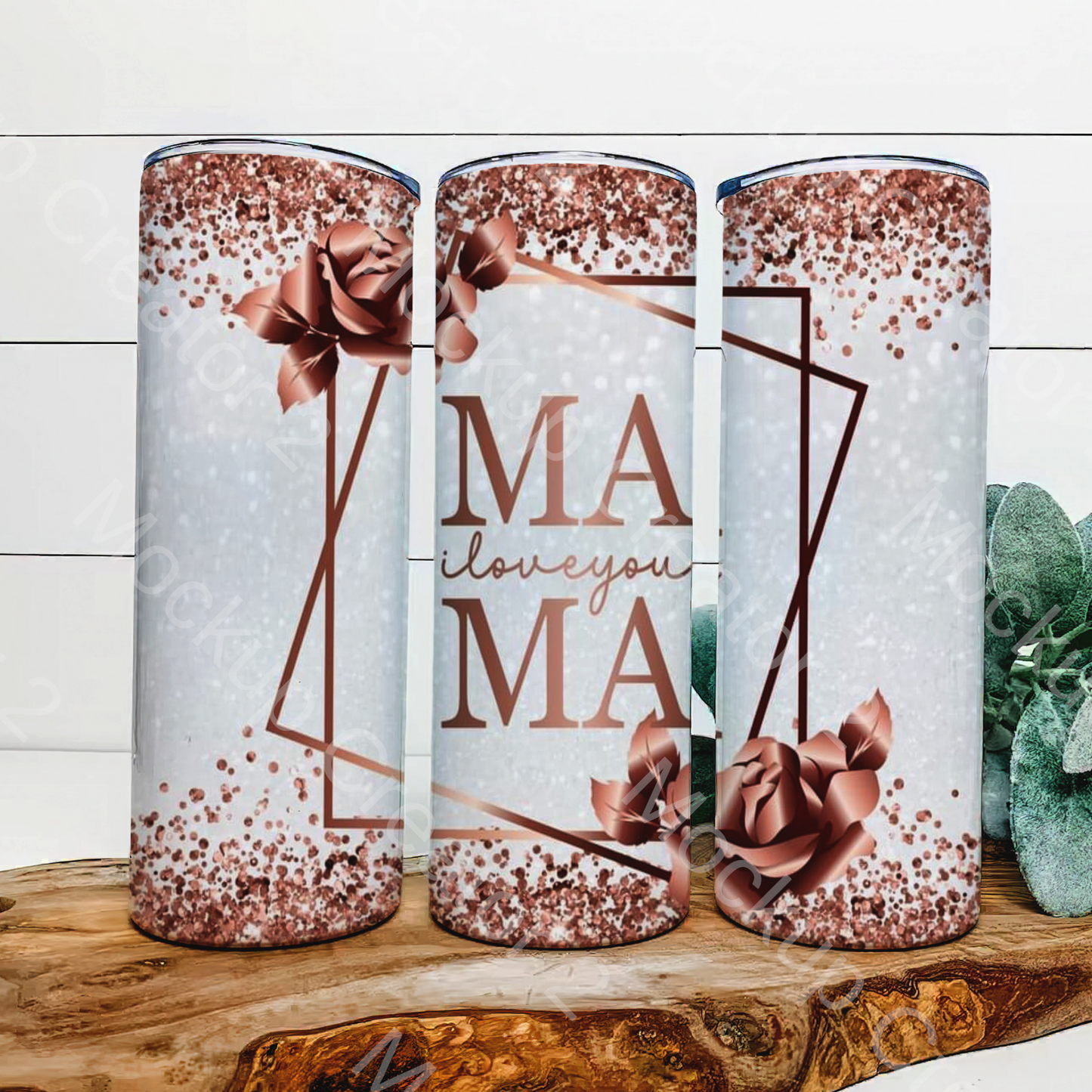 Mama w/ rose gold glitter & flowers 20 oz tumbler